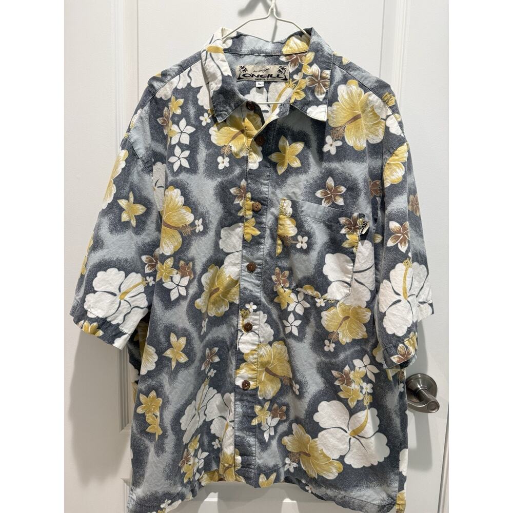 O'Neill Vintage Men’s Hawaiian Button Down Shirt Gray/Yellow Floral Size Large
